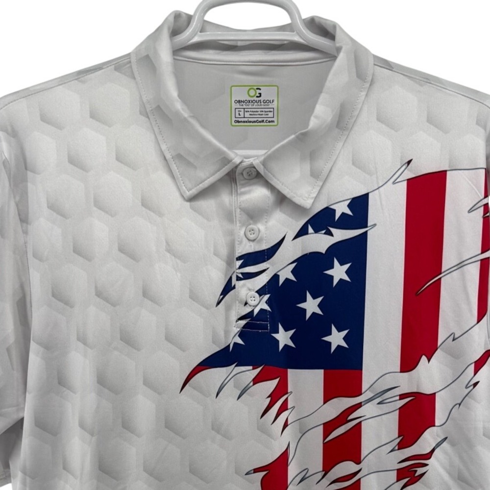 Obnoxious Golf Mens Large American Flag Honeycomb Performance Polo Shirt USA